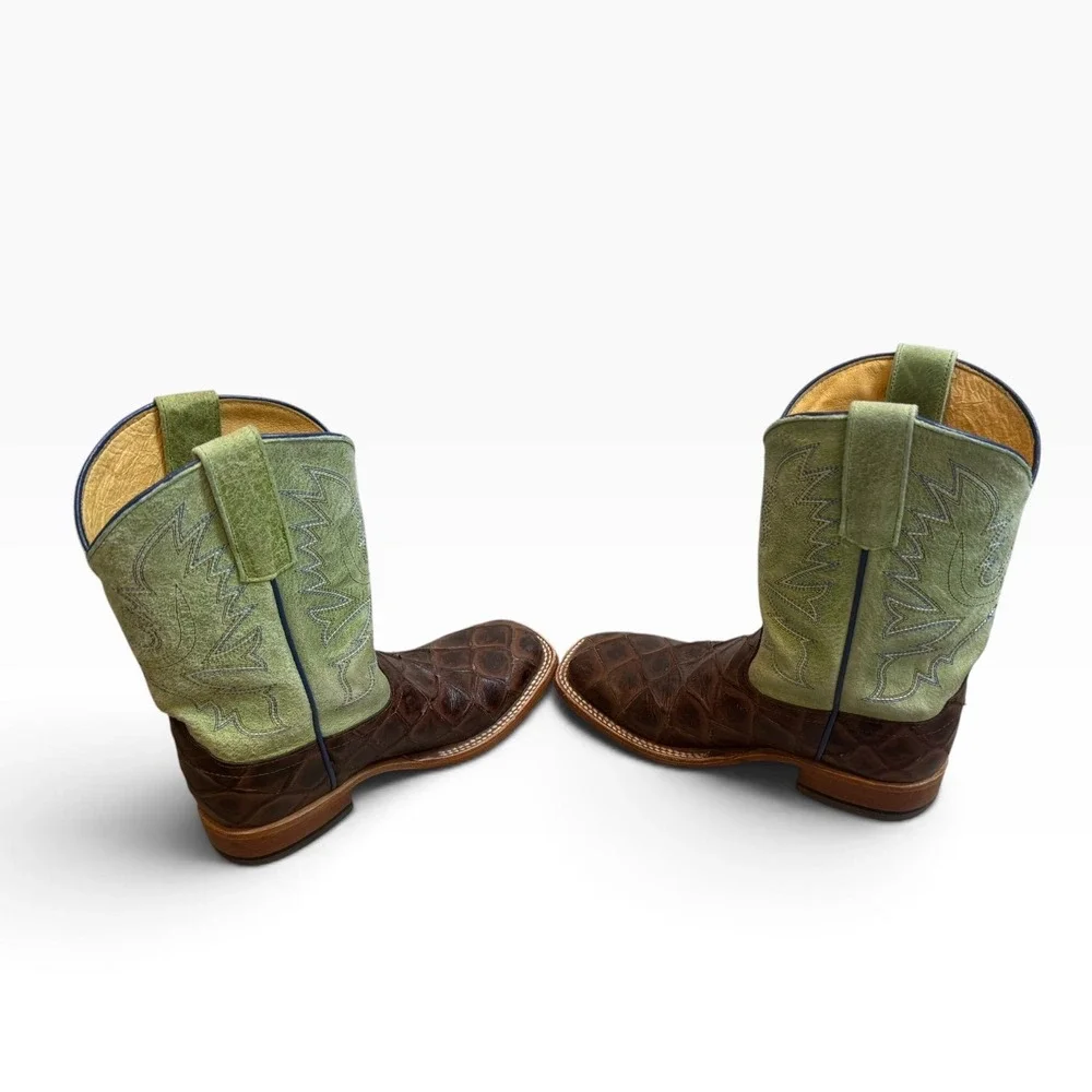 Horse Power Kids Cowboy Boots Brown Fish Print Green leather Square Toe Size 3